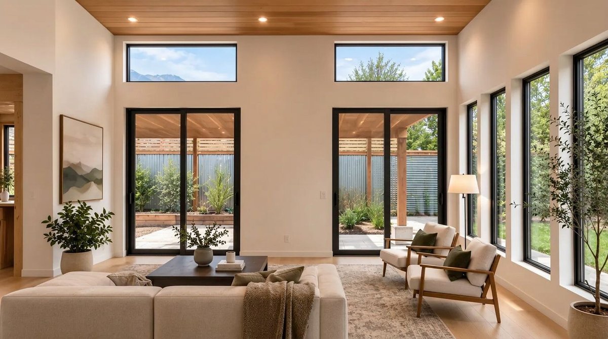 Light-filled living room with a timber ceiling