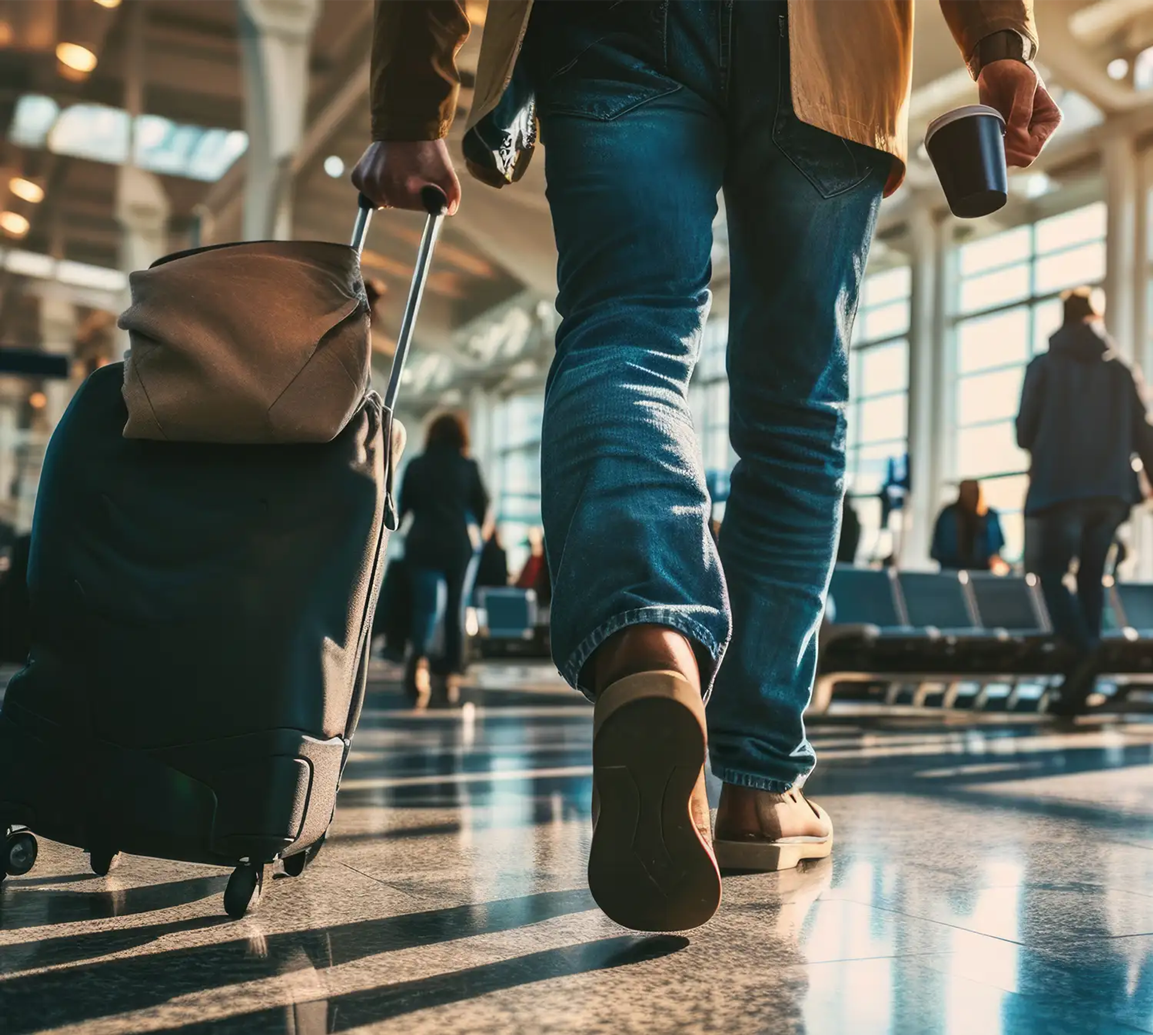 Man walking through the airport dragging his luggage