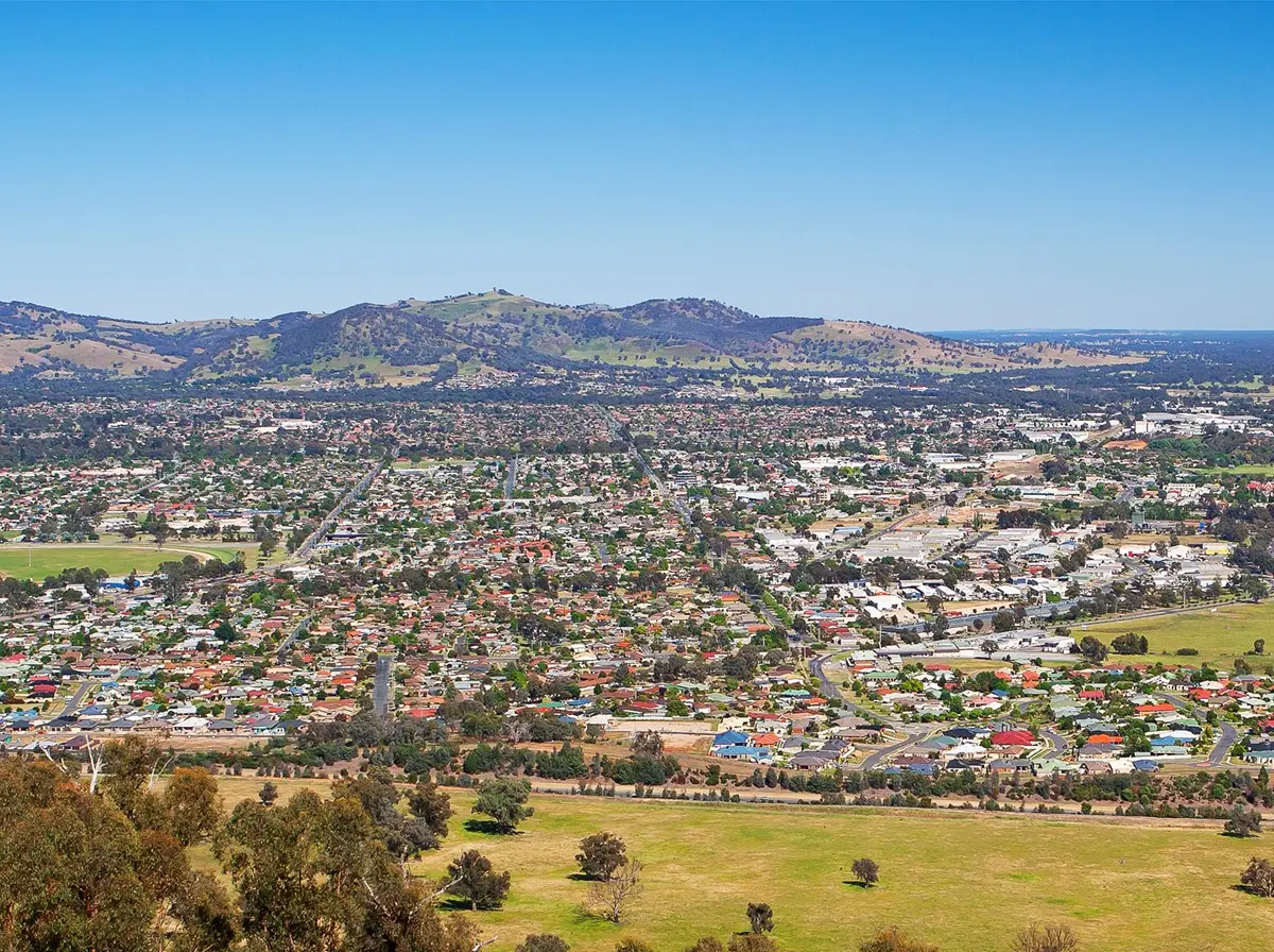 Aerial view over Wodonga with hills in the distance