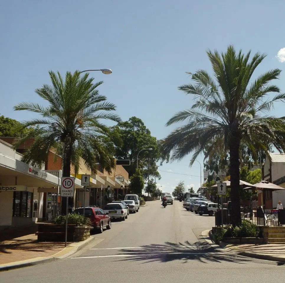 Simple street with palm trees on either side