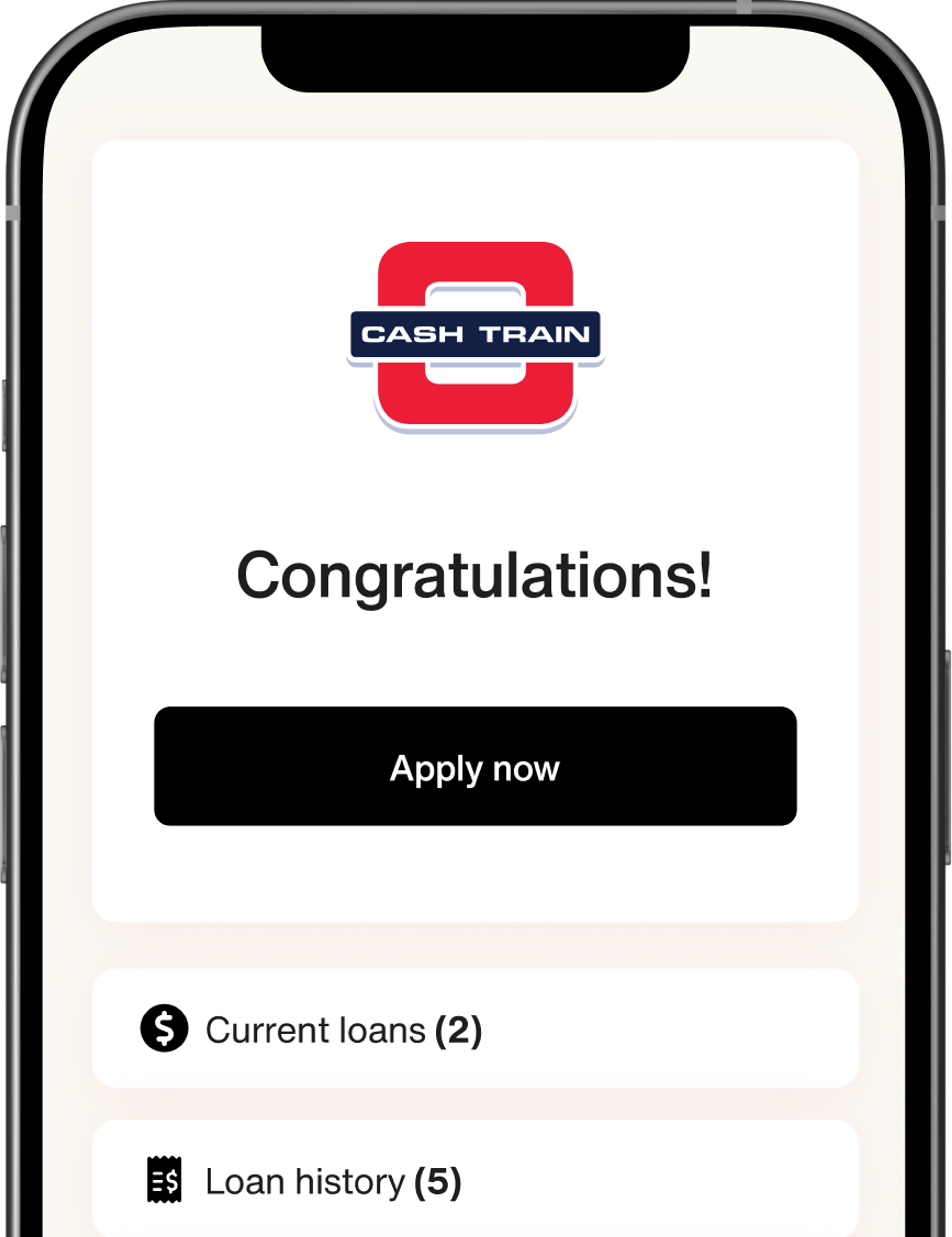 Screenshot of the Cash Train App.