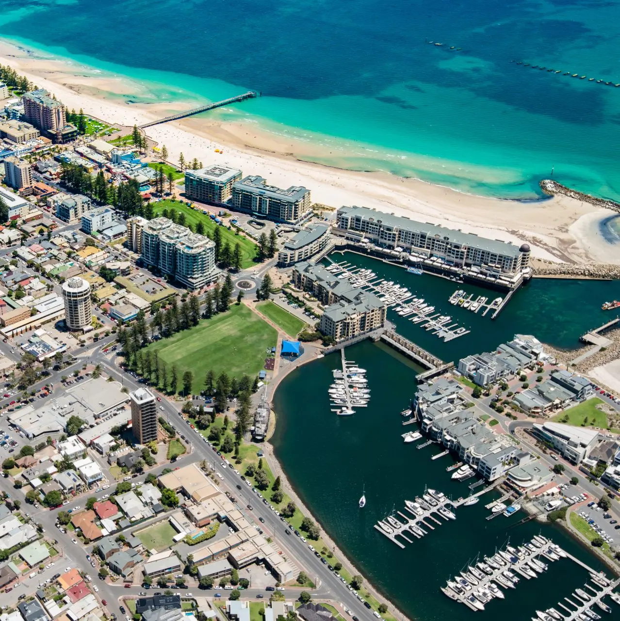 Aerial view over Arndale with beautiful turquoise sea in the distance