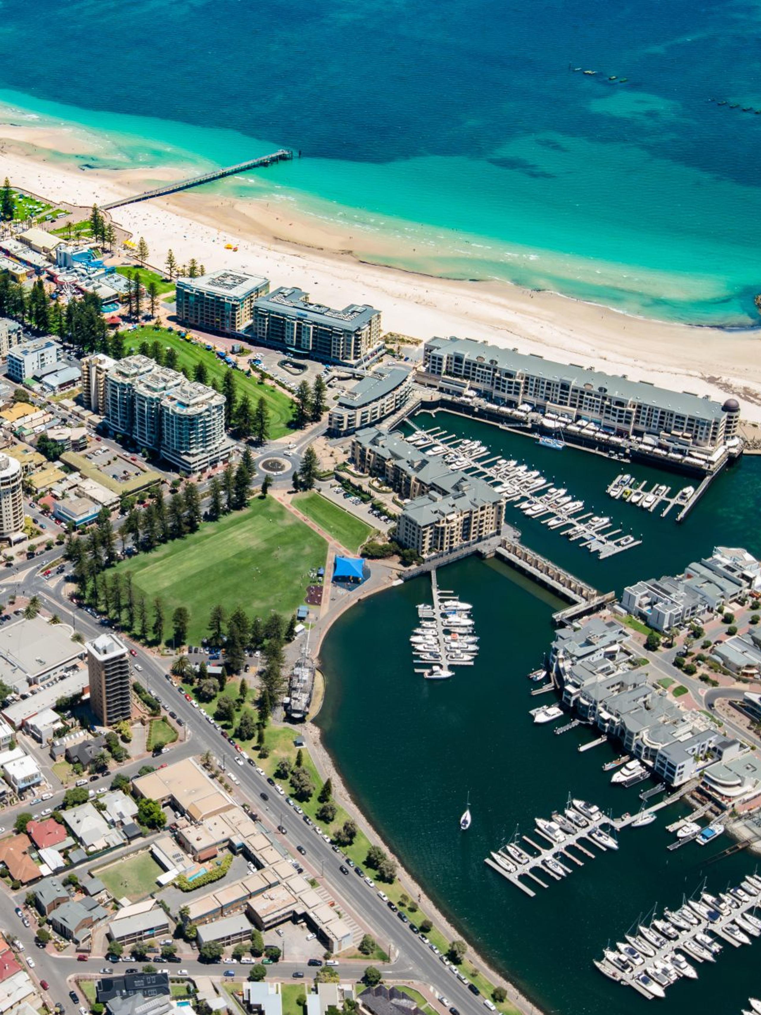 Aerial view over Arndale with beautiful turquoise sea in the distance