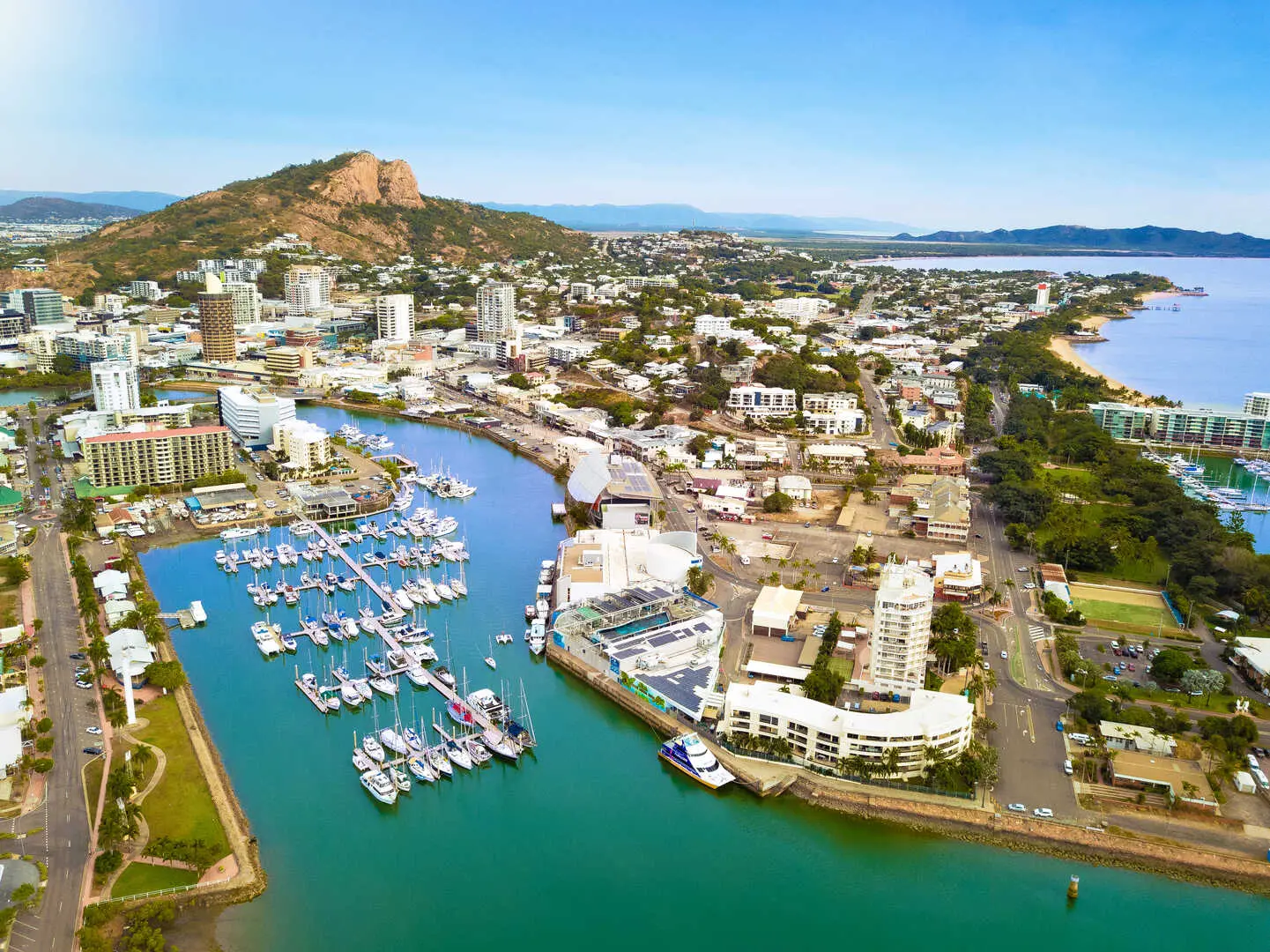 Aerial view of waterfront and boat dock