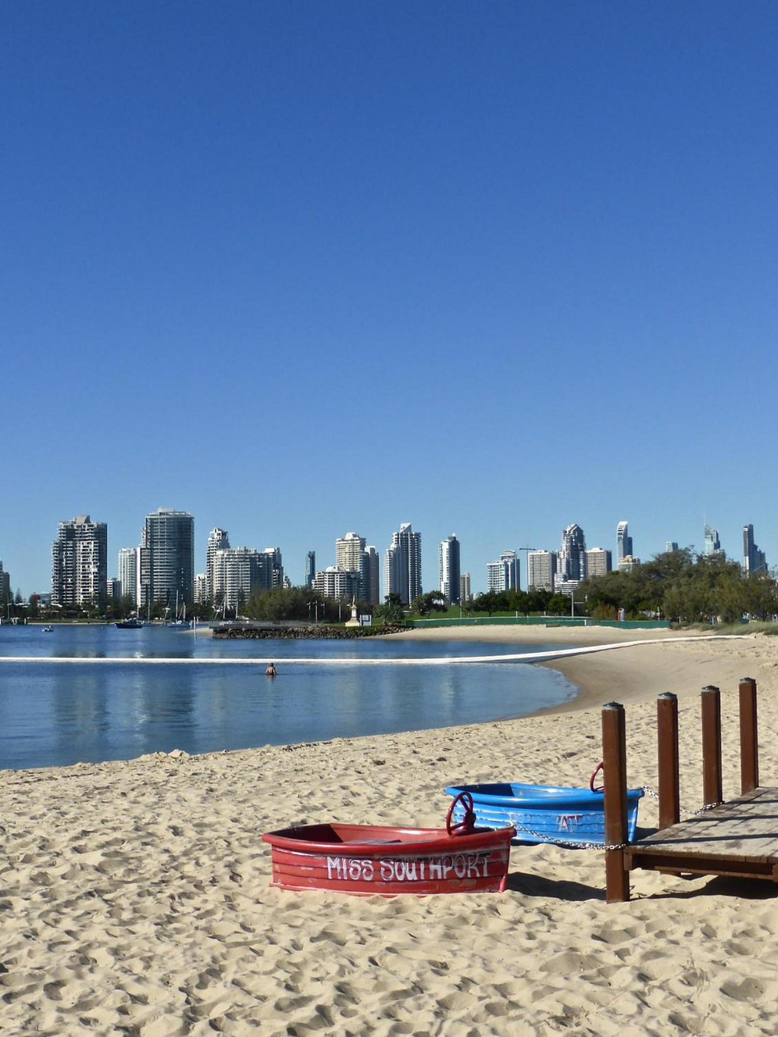 Sandy beach view with Southport in the distance