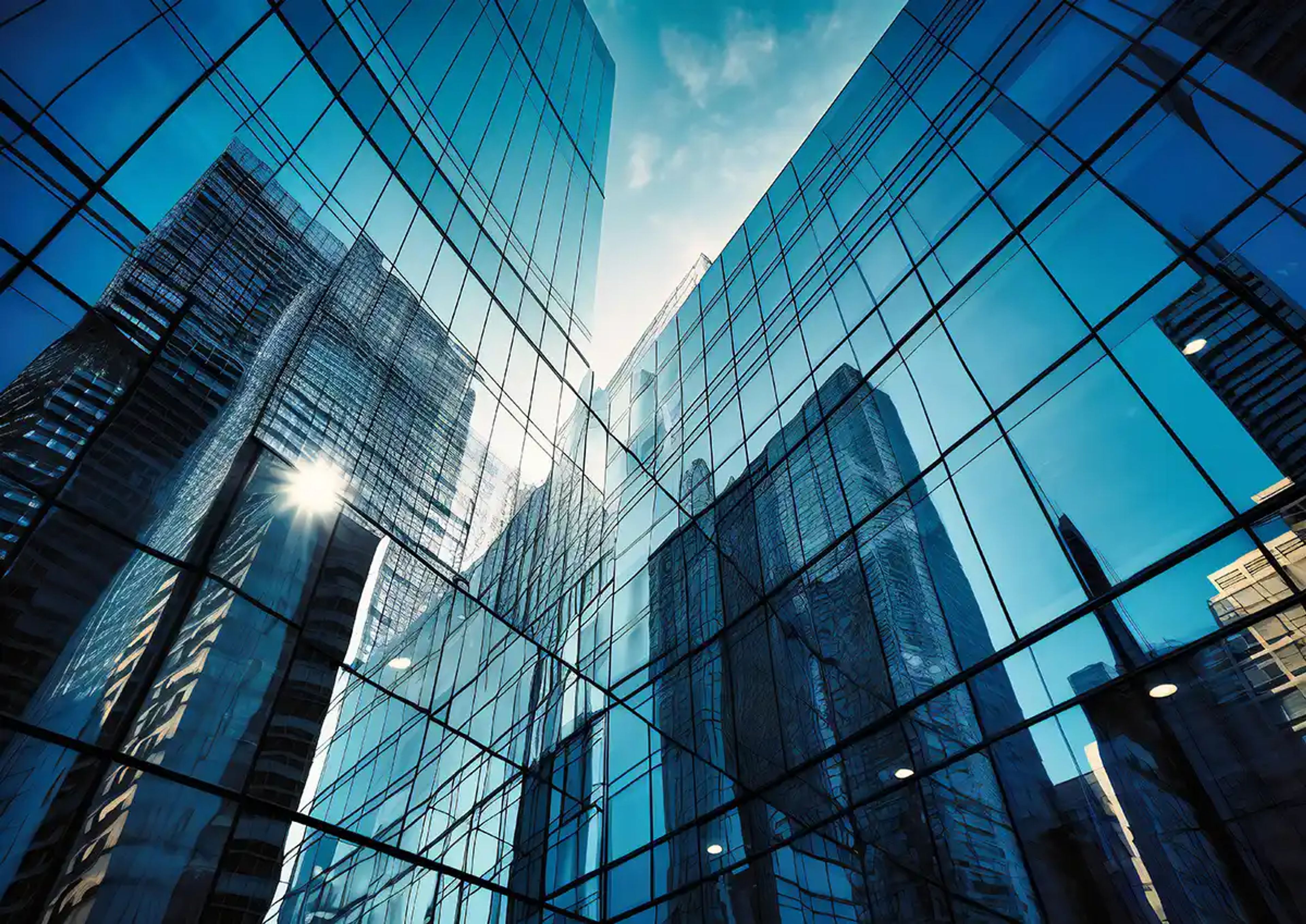 Business district skyscrapers with mirror glass windows