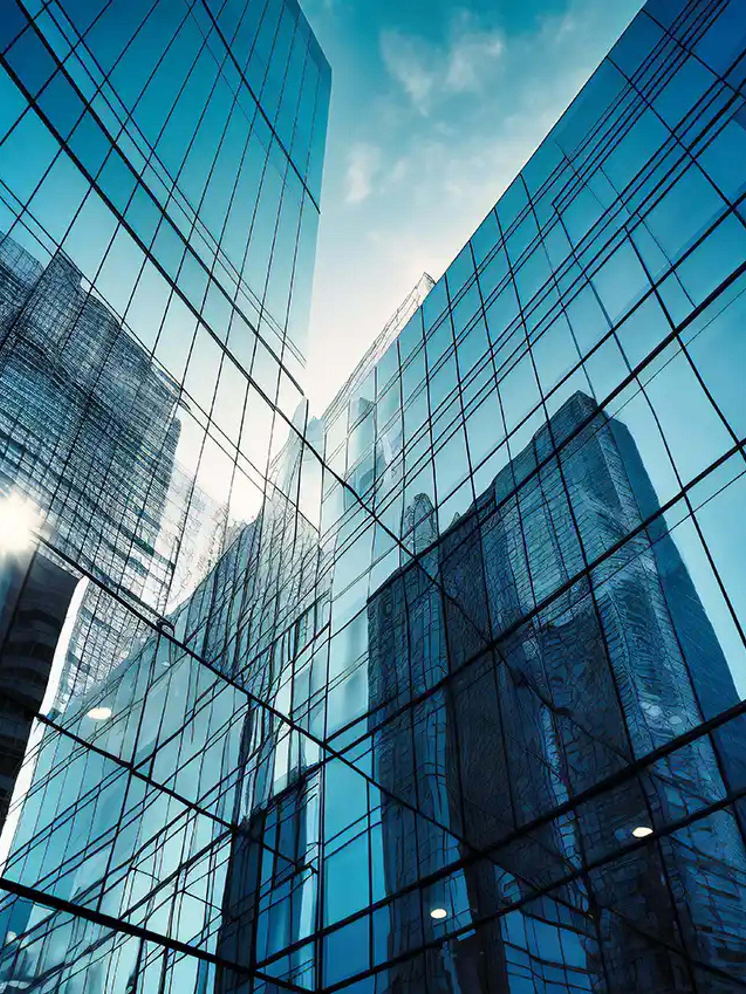 Business district skyscrapers with mirror glass windows