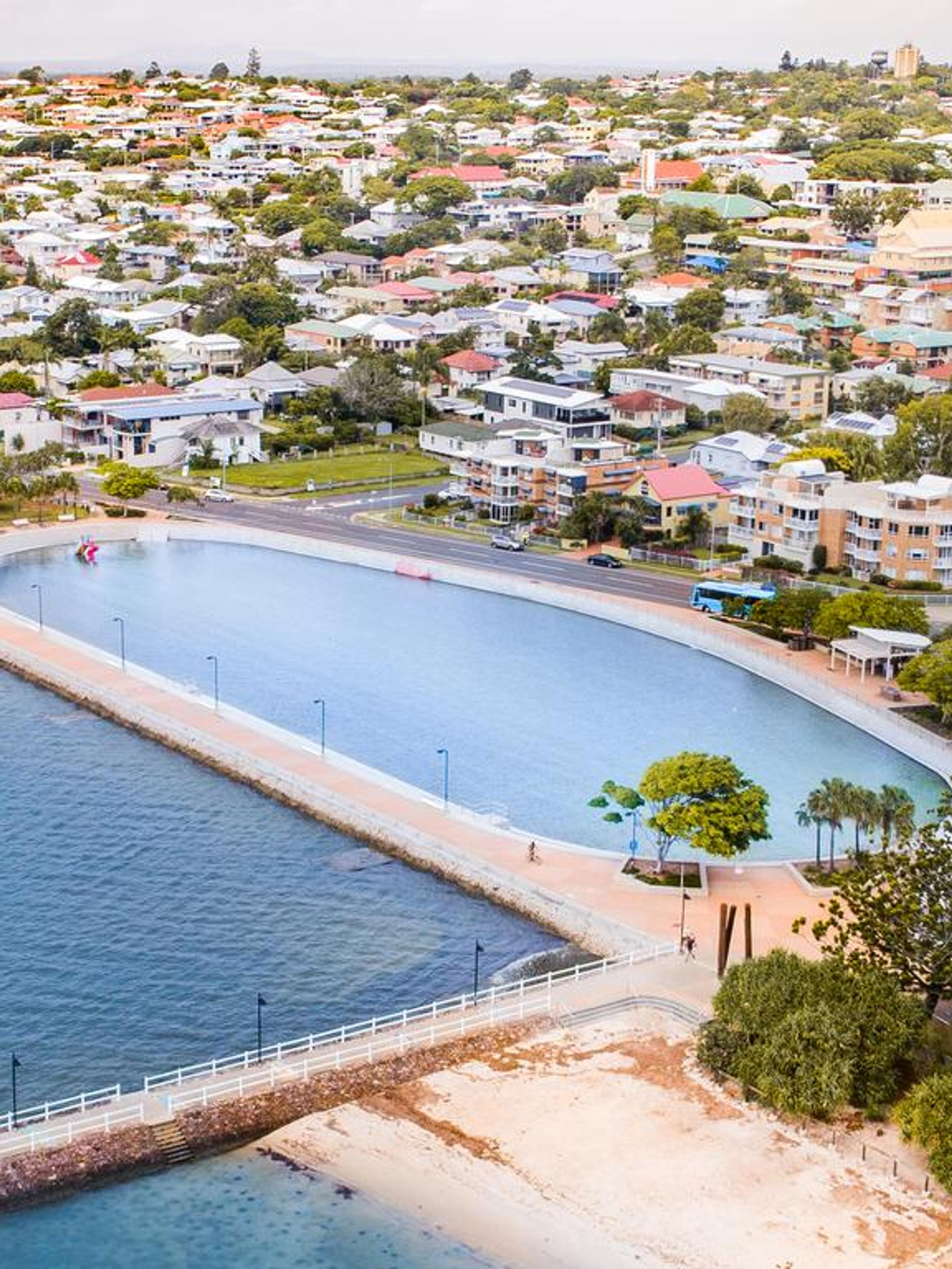 Aerial view of Wynnum with waterfront in the foreground