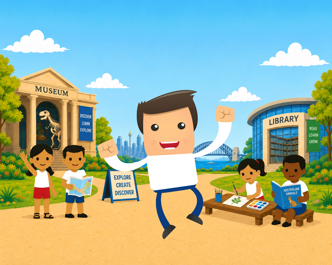 Winter holiday ideas showing a museum and a library with children learning and having fun