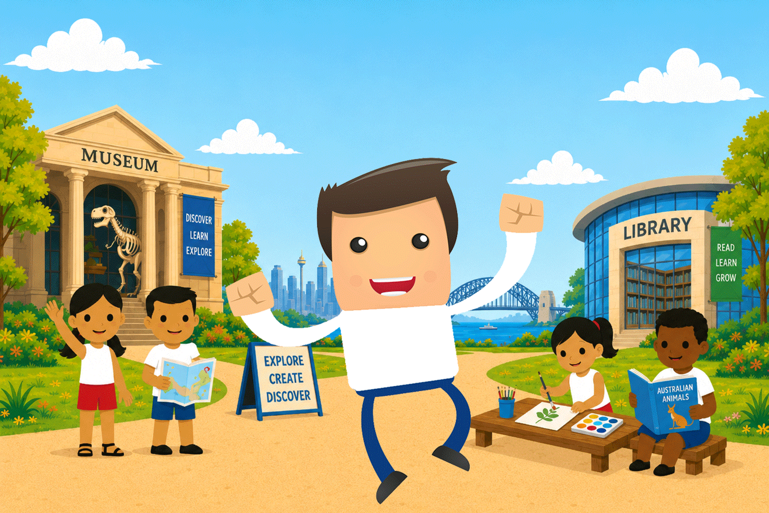 Winter holiday ideas showing a museum and a library with children learning and having fun