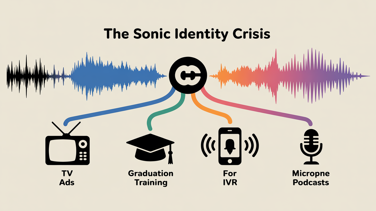 Infographic titled "The Sonic Identity Crisis" showing a central logo with four chaotic, inconsistent soundwaves leading to different business channels like ads and training.