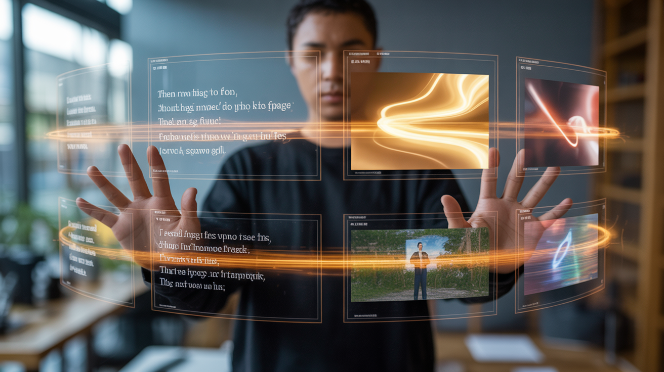A content creator's hands gesture toward multiple floating holographic screens displaying various stages of AI video generation