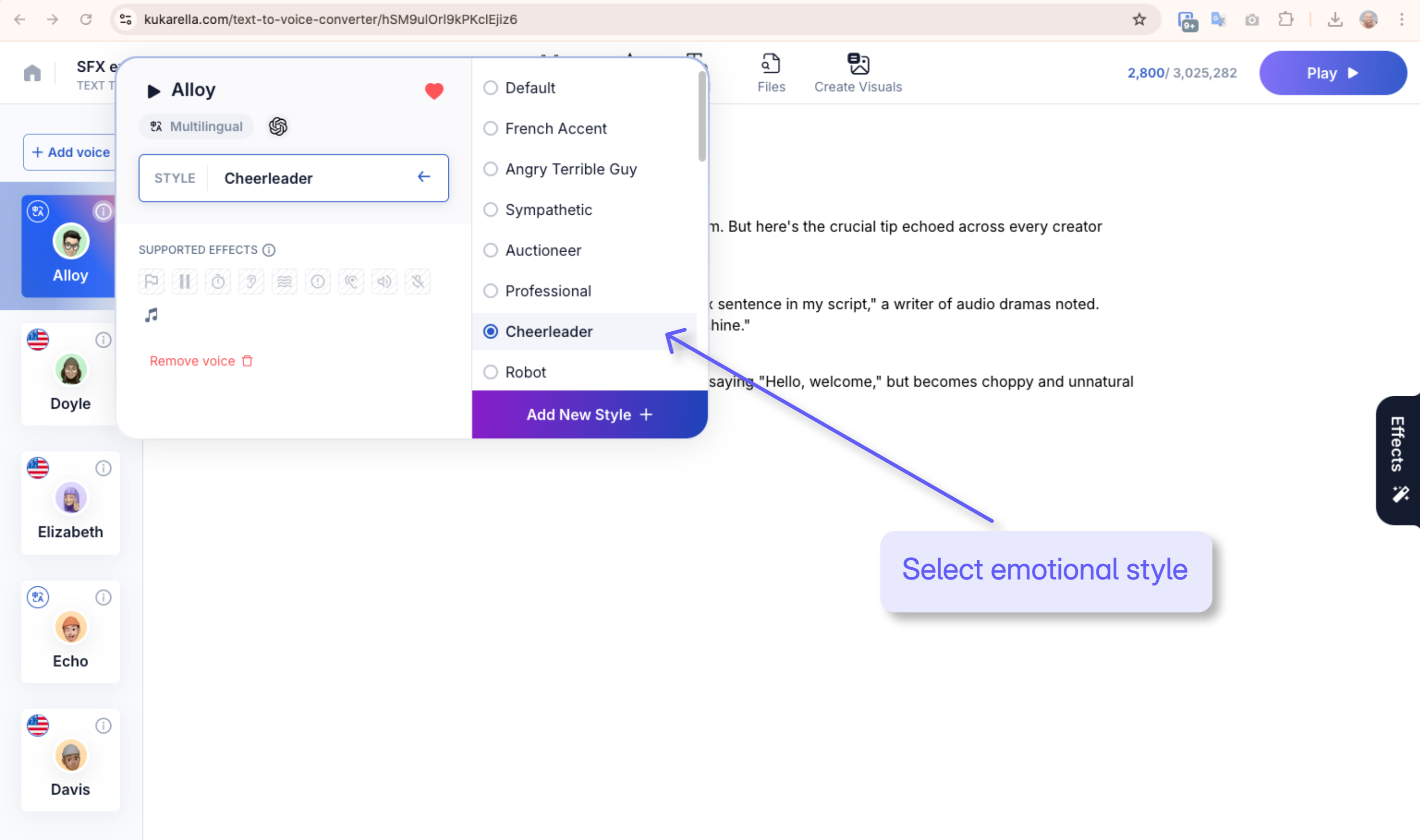 How to select emotional styles for AI voices
