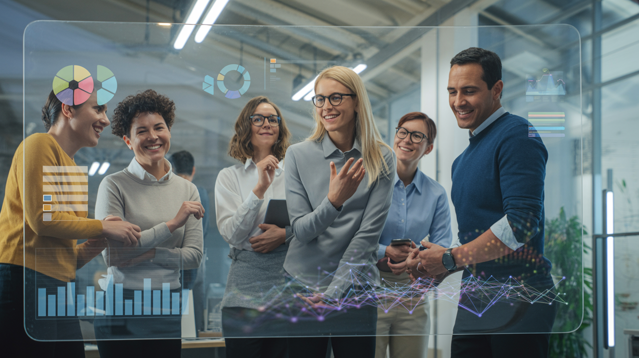 A diverse team of professionals collaborating around a futuristic screen displaying abstract knowledge graphs, symbolizing the future of e-learning