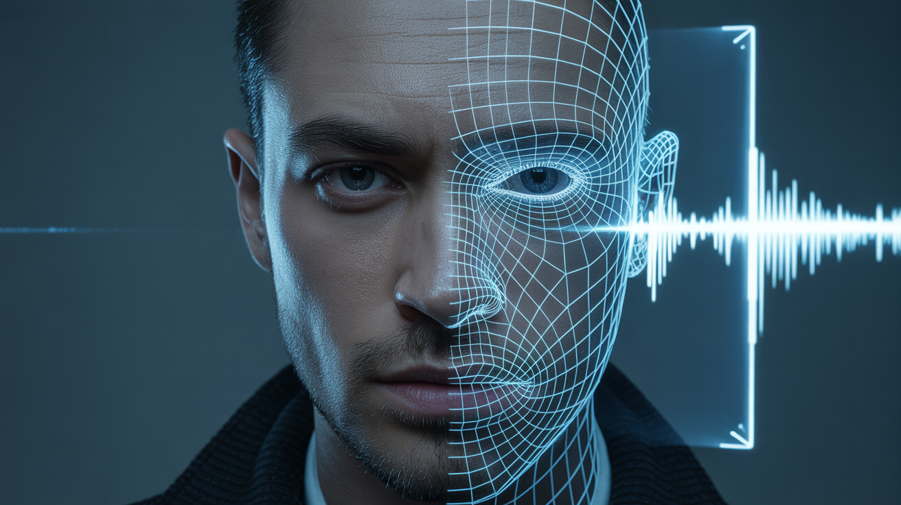A dramatic close-up photo showing a person's face split between human and a digital soundwave, symbolizing the concept of digital voice identity
