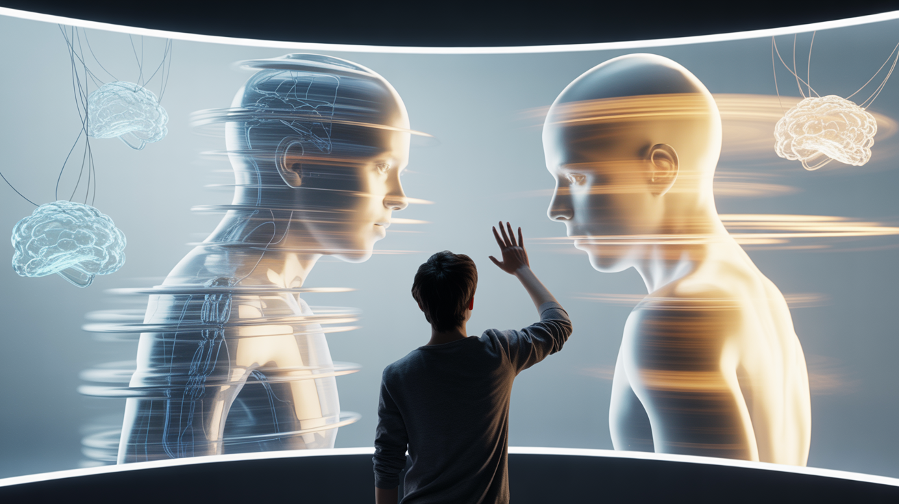 Person viewed from behind reaching toward abstract AI representations, with warm human-like projections and consciousness patterns appearing to emerge from the cold digital forms, illustrating the cognitive phenomenon of attributing intentionality to AI systems.