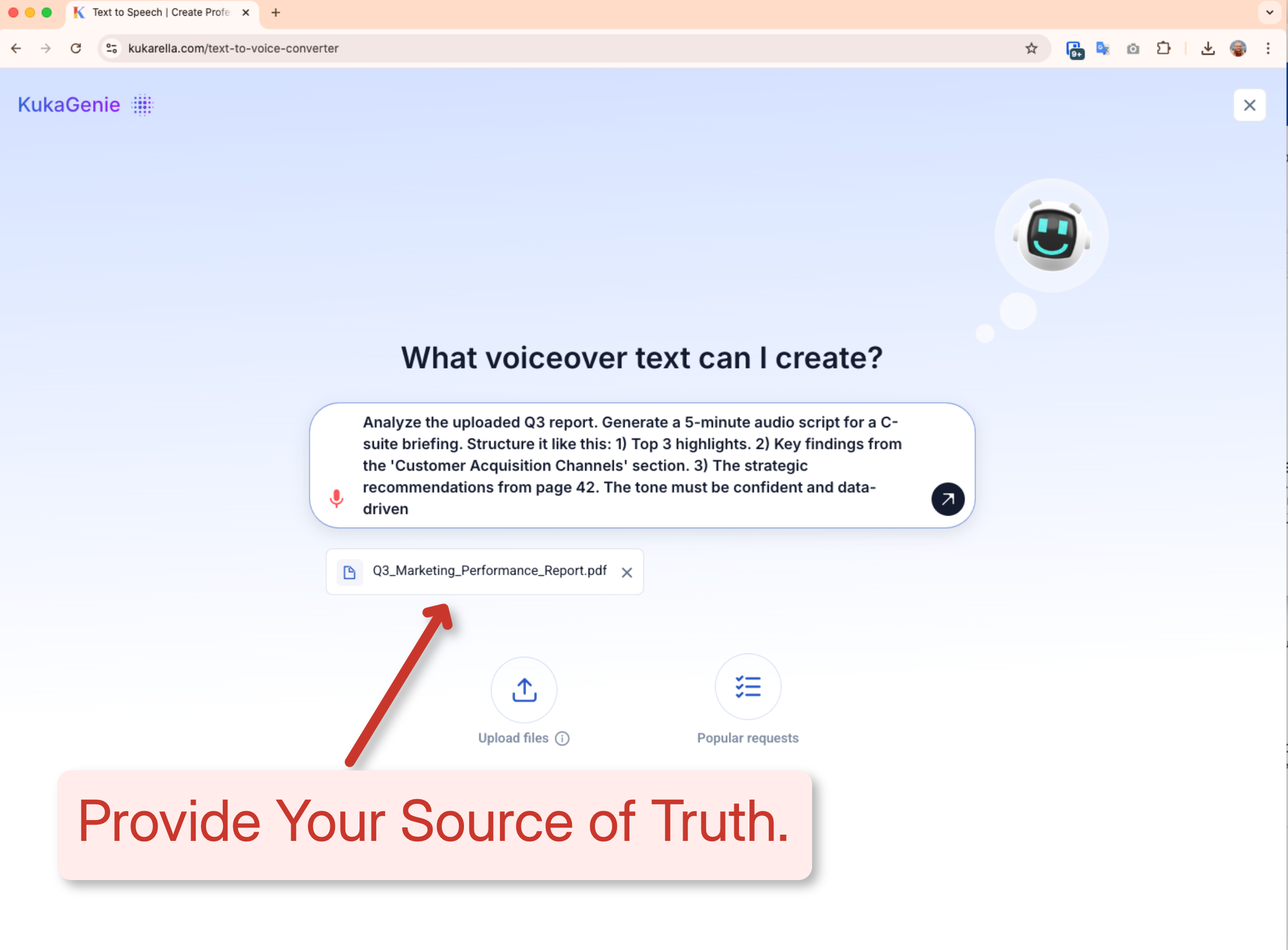 A screenshot of the Kukarella AI Assistant showing a PDF report uploaded as context for a script generation prompt