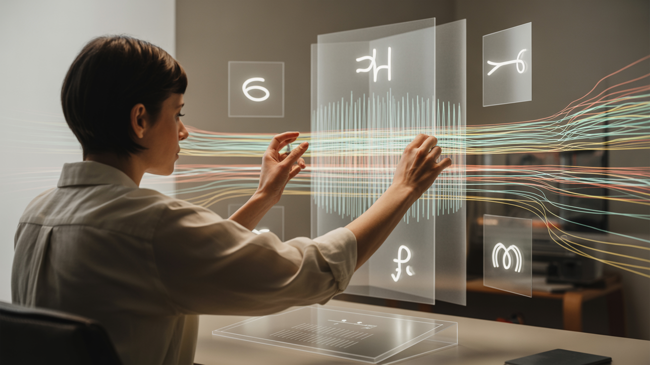 Person viewed from behind fine-tuning a holographic audio processing system with multiple language streams being calibrated and harmonized through intuitive controls, representing the simplified Whisper model customization process.