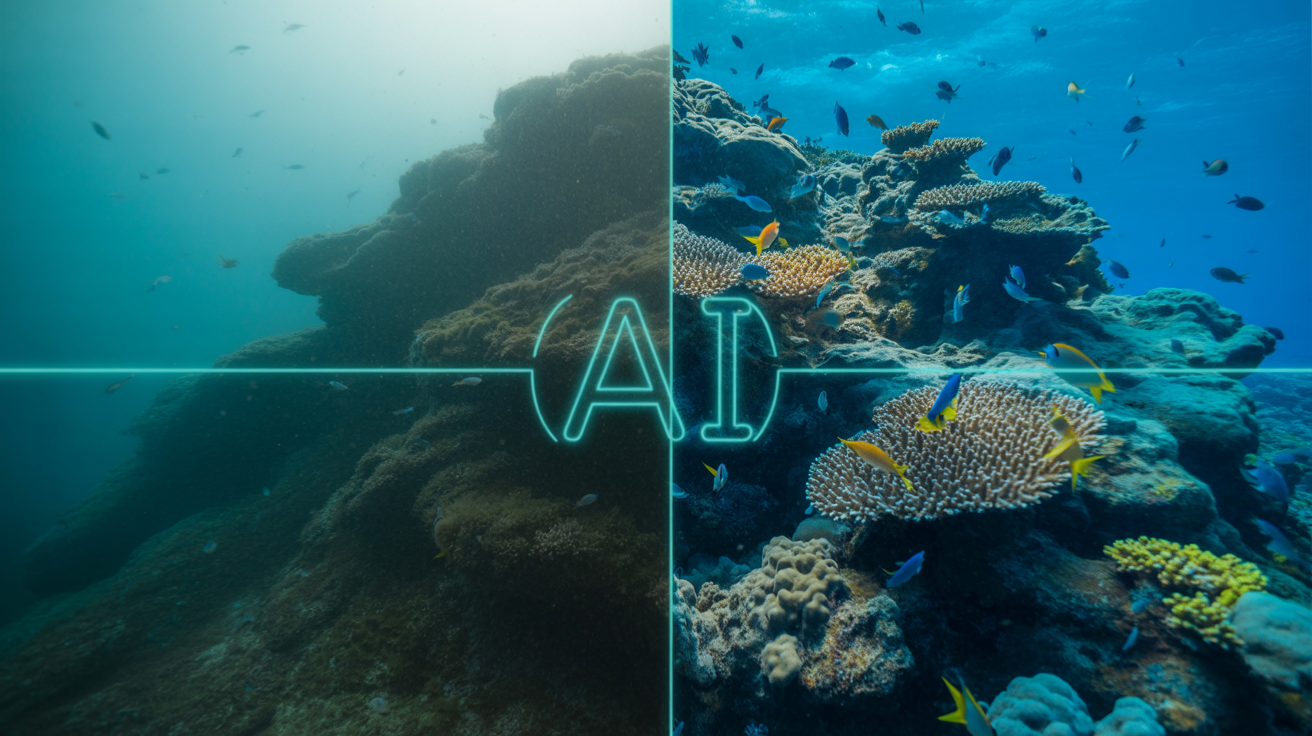 An underwater photograph of a coral reef is visually split down the center; the left side is murky and indistinct, while the right side is transformed into a crystal-clear, vibrant scene revealing colorful fish and intricate coral structures. The lighting on the clear side is bright and sun-drenched, bringing out vivid blues and oranges that contrast sharply with the dark, greenish water on the unprocessed half. A thin, glowing cyan holographic line marks the transition between the two halves, symbolizing the AI analysis actively clarifying the image.