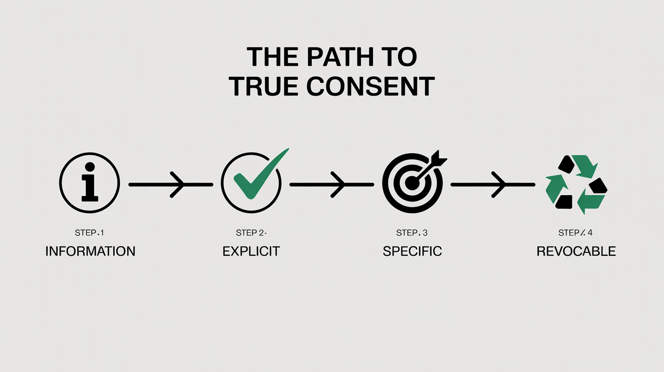A flowchart outlining the four steps to true consent in voice cloning: Informed, Explicit, Specific, and Revocable.
