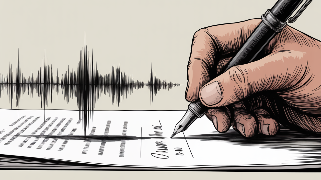 Illustration of a pen signing a contract, with the signature turning into a soundwave, symbolizing the legal agreement for voice cloning