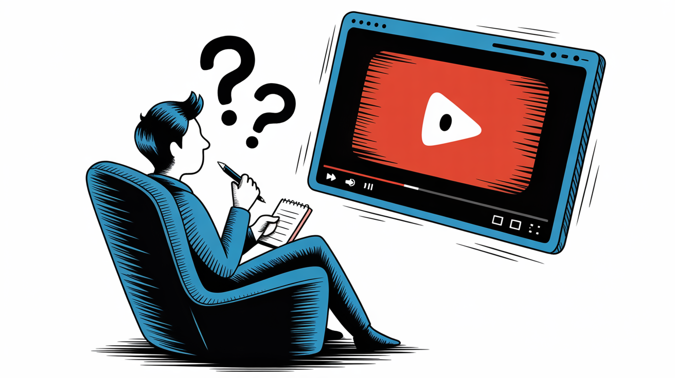 Illustration of a person "interviewing" a YouTube video, symbolizing the ability to interrogate content with AI.