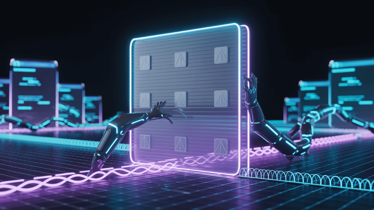A large, translucent digital barrier marked with warning symbols stands in the center of a dark cyber-landscape, while sleek AI agent forms - represented as glowing geometric shapes