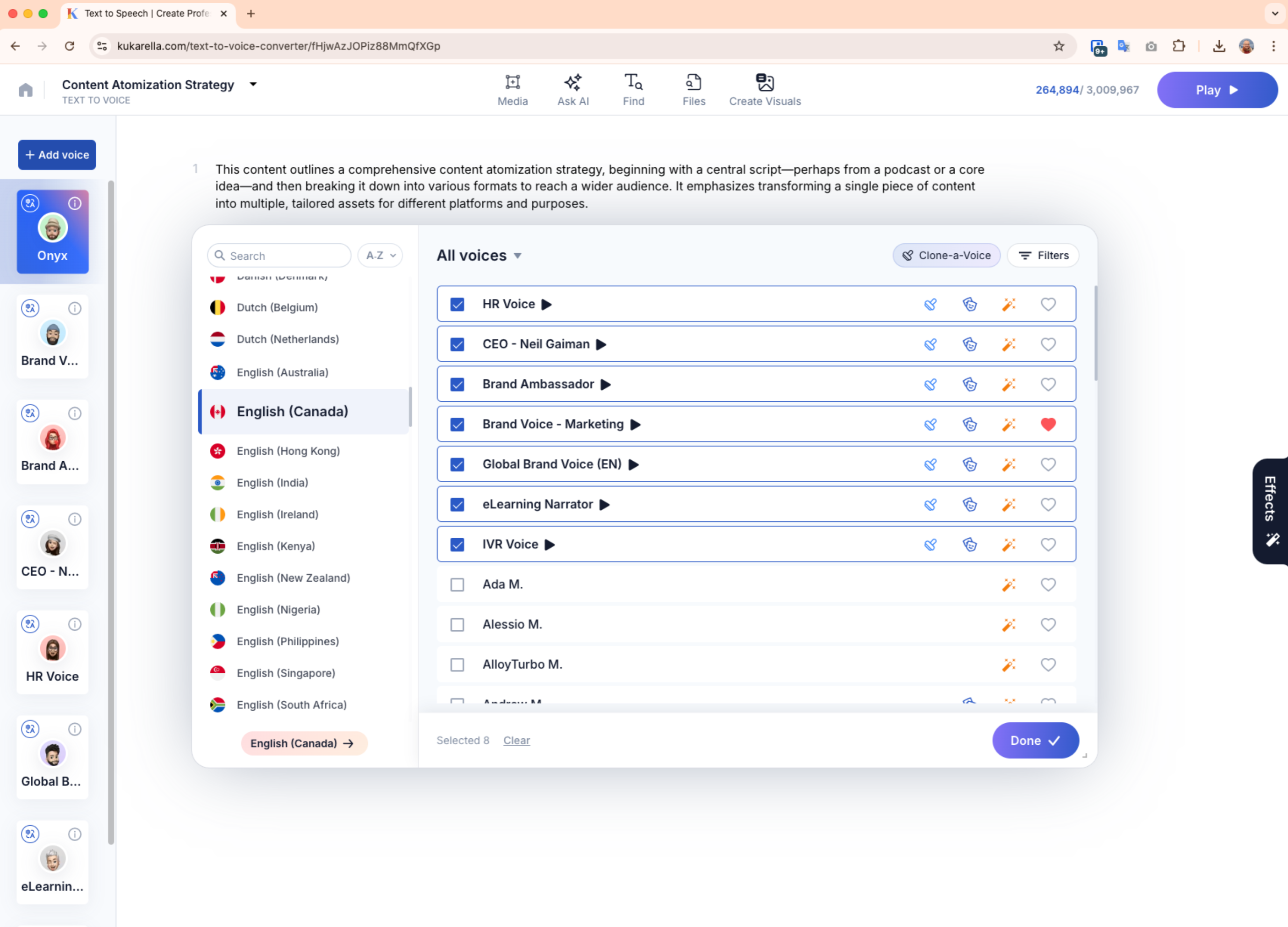 Screenshot of Kukarella's Voice Library, showing a list of cloned brand voices