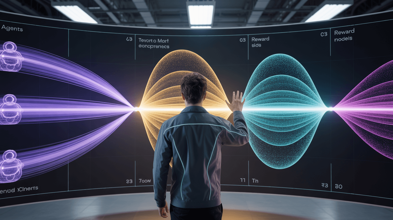 A researcher seen from behind in a futuristic lab