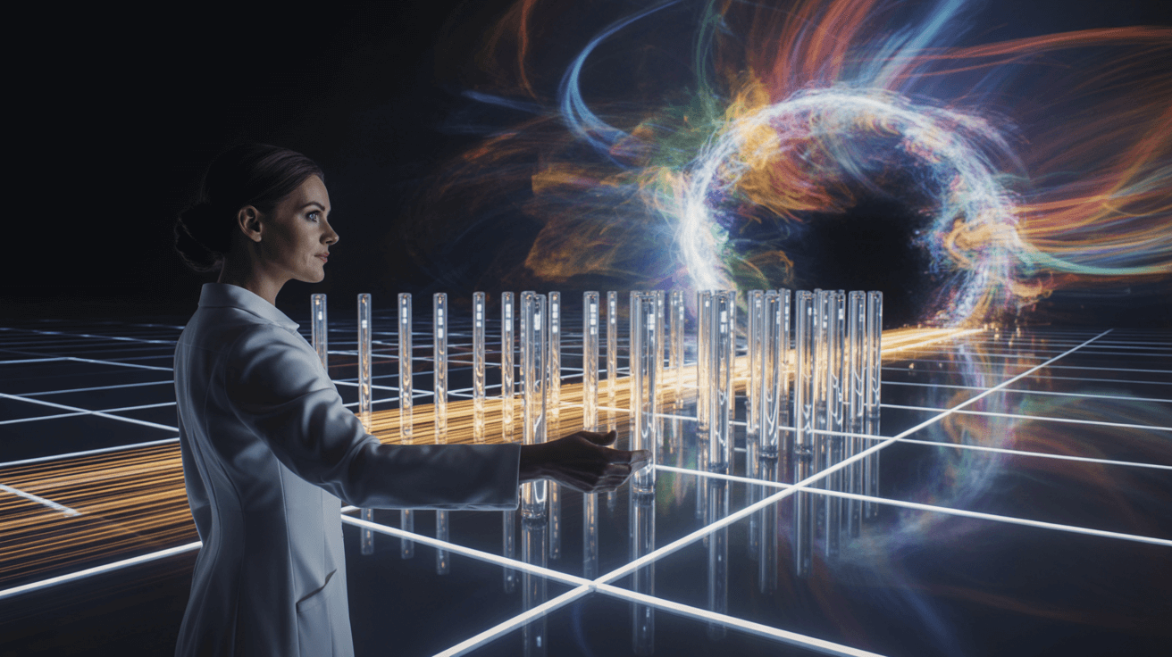 A woman builds a glowing bridge with data-filtering gates from an orderly world to a chaotic nebula