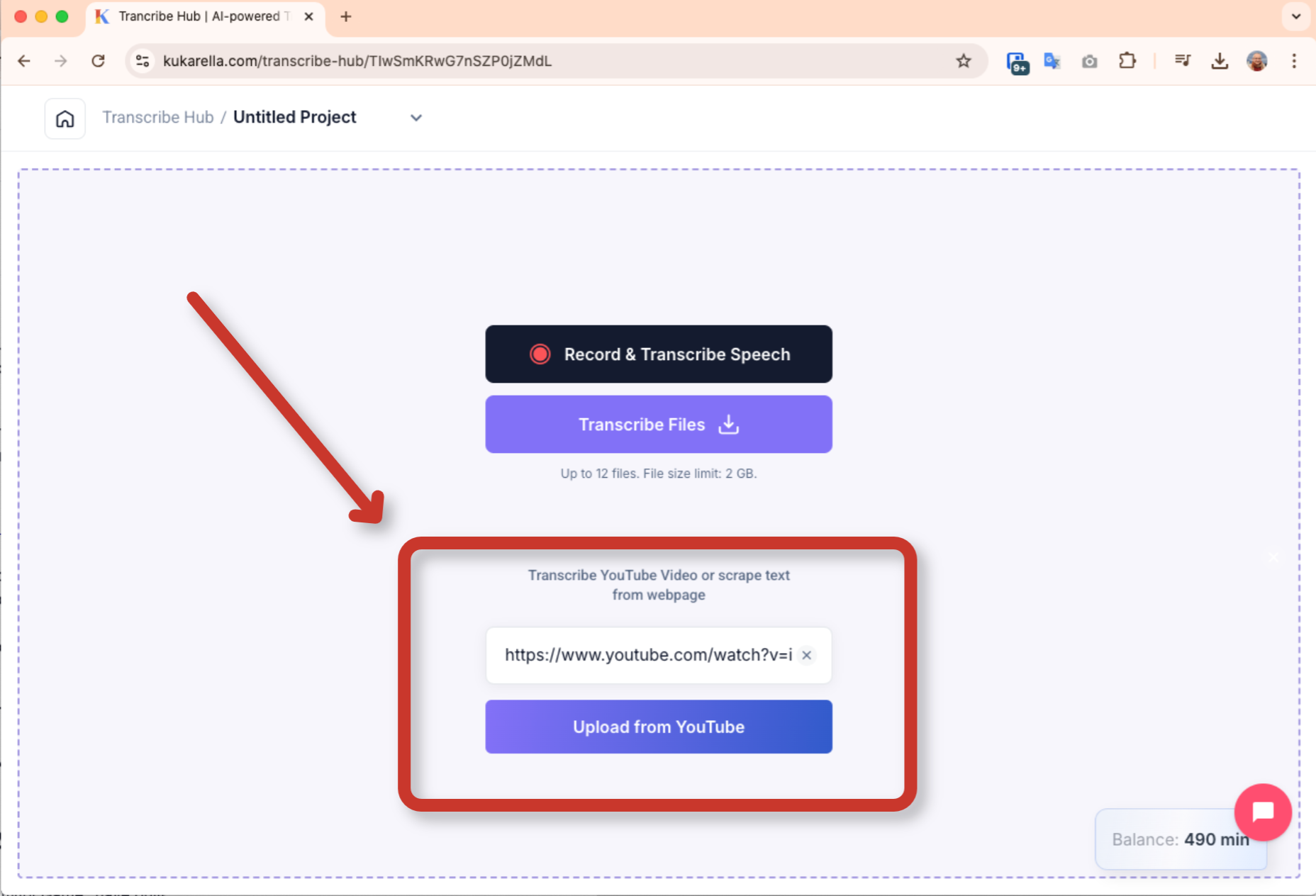 Paste the YouTube URL into Kukarella's TranscribeHub