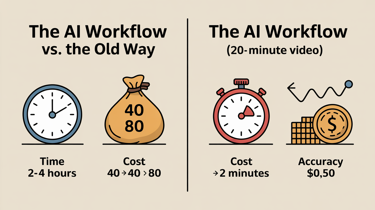 Infographic comparing the time, cost, and accuracy of manual transcription versus a fast and affordable AI workflow