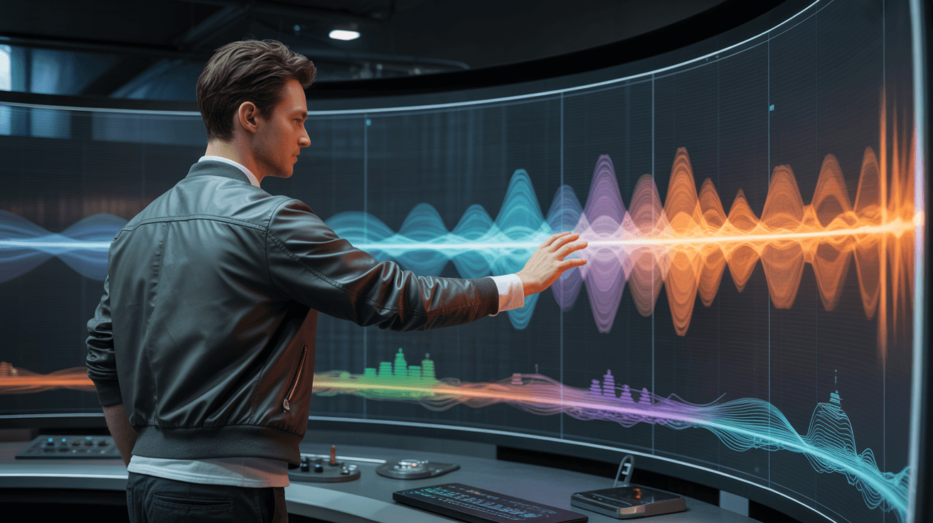 creative professional in a sleek, dark bomber jacket stands within a futuristic audio design studio