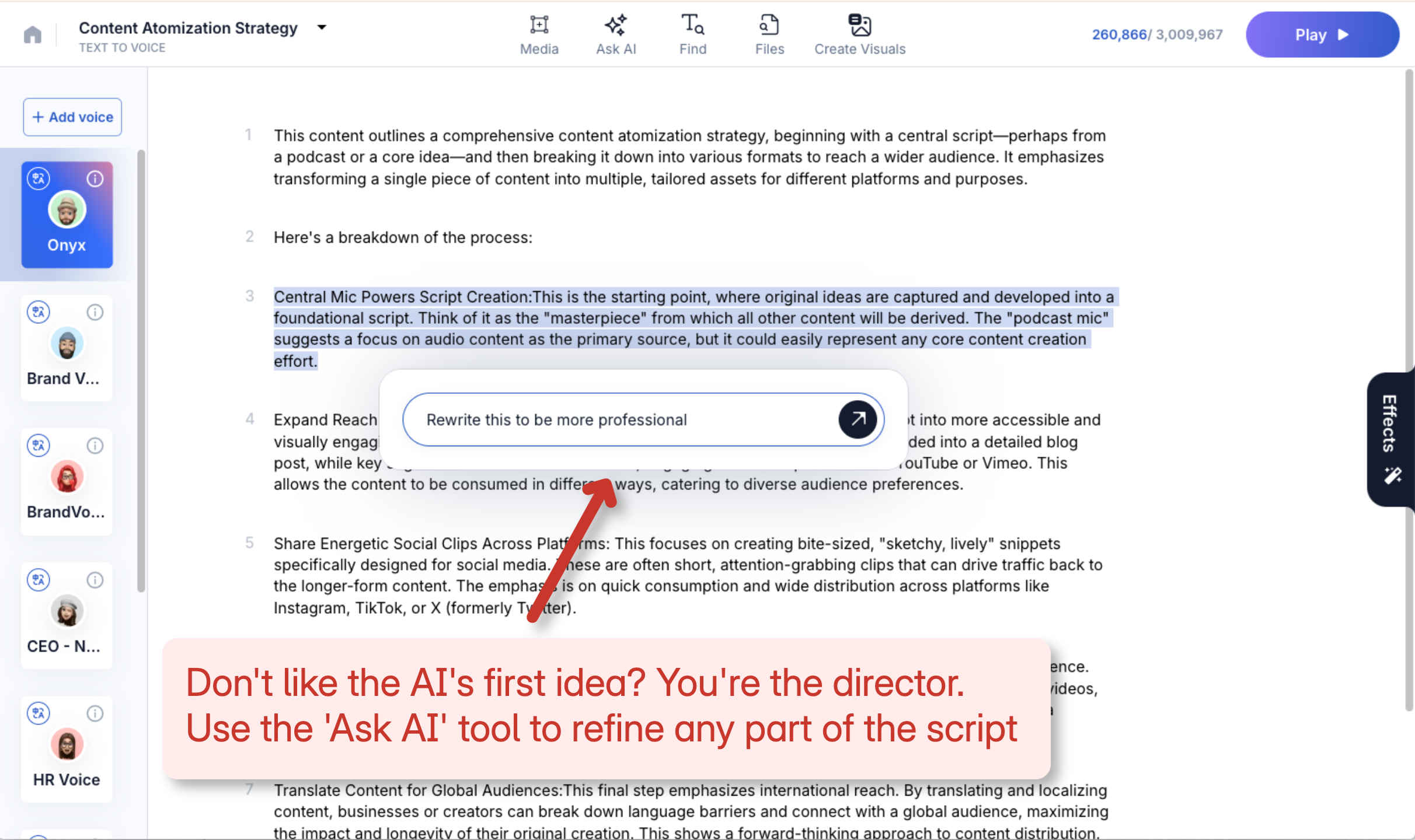 "Ask AI" refinement tool in Kukarella being used to rewrite a paragraph