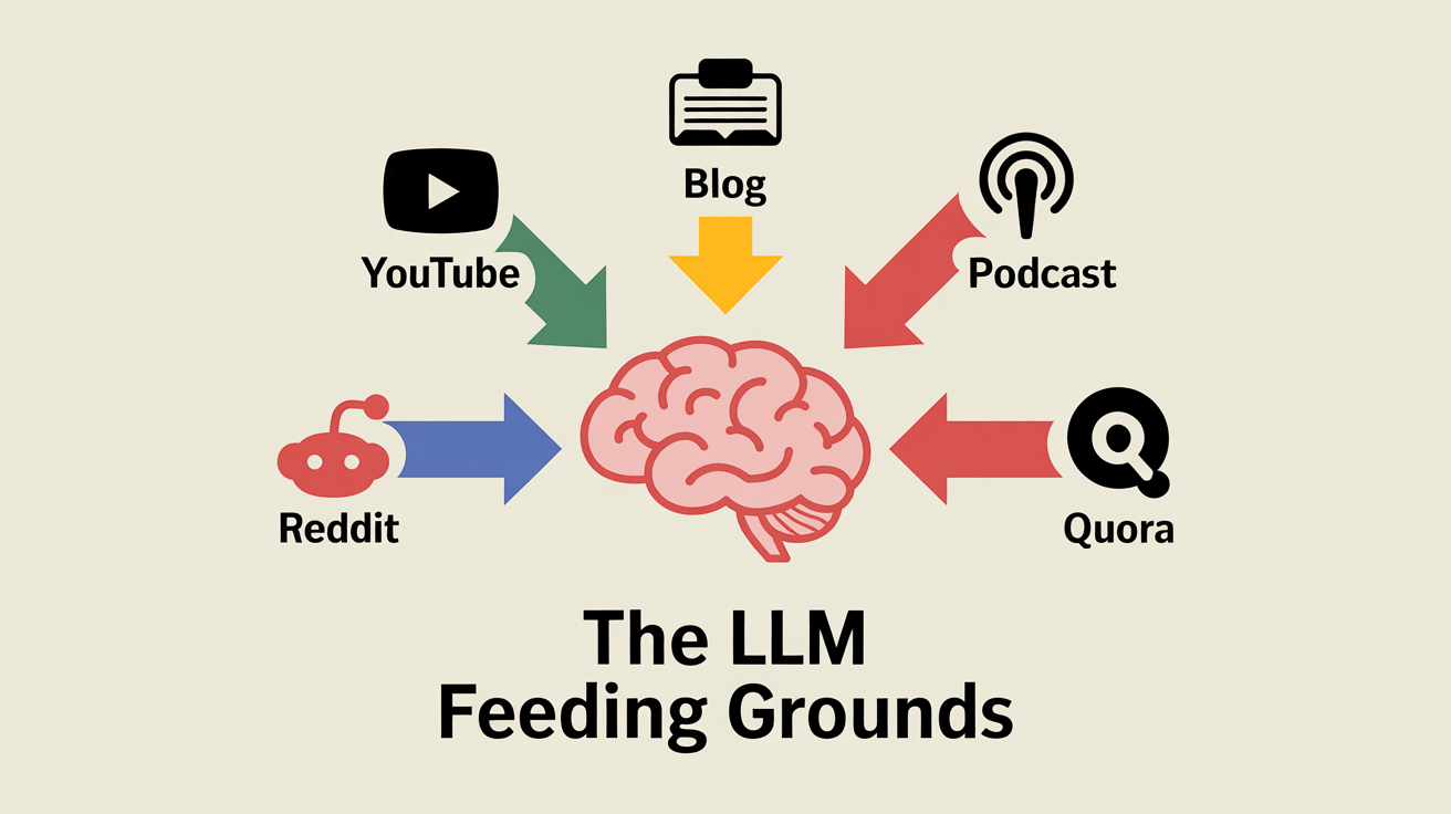 An infographic showing the key "LLM Feeding Grounds," with arrows from YouTube, blogs, podcasts, Reddit, and Quora all pointing to a central AI brain