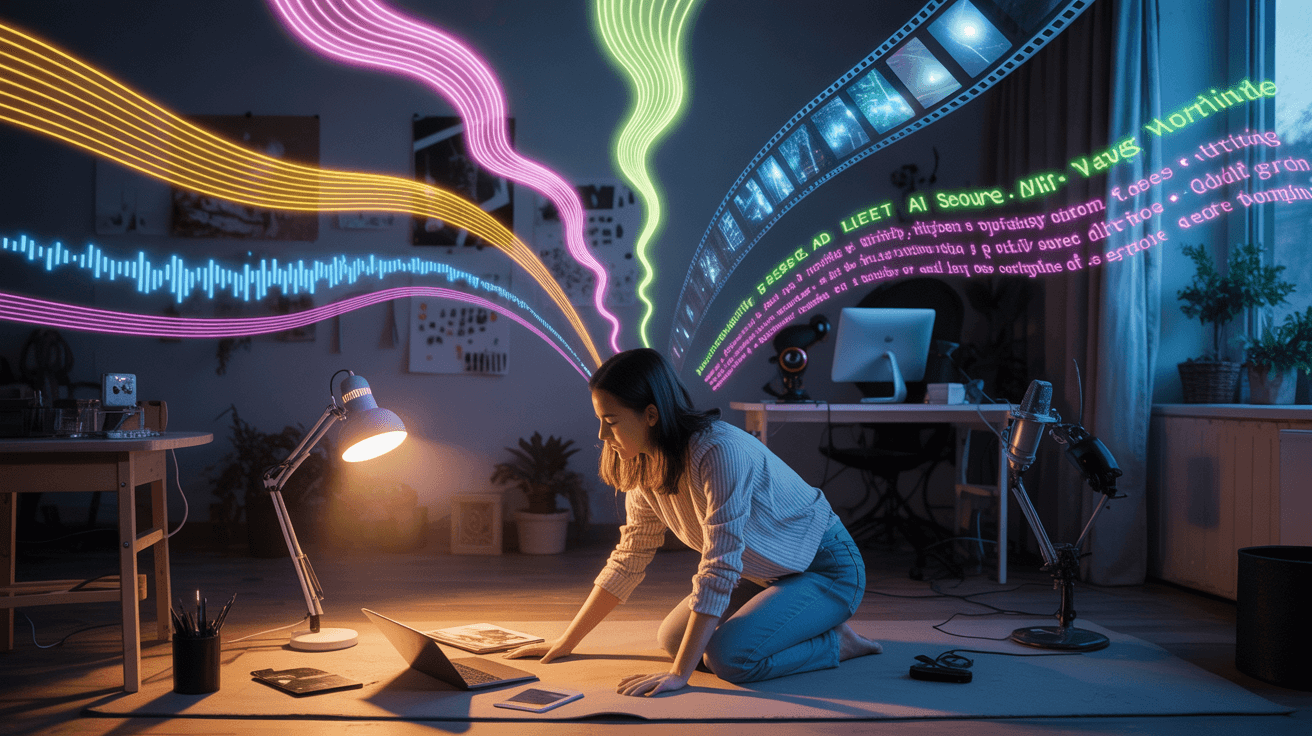 A female creator kneels on the floor of a messy loft studio at night, surrounded by microphones and sketchpads, using her hands to conduct colorful, glowing streams of light that represent different AI tools