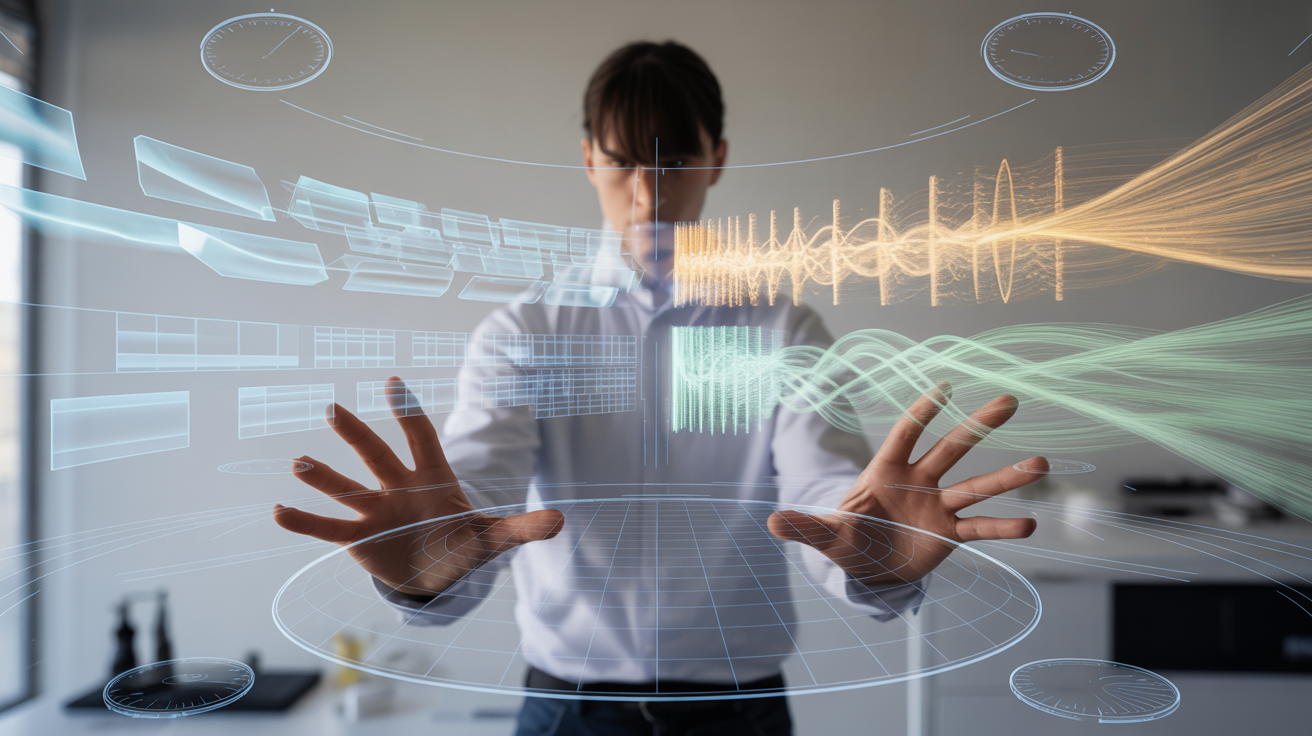 Person viewed from behind conducting comprehensive AI evaluation with three streams of data (visual, audio, text) flowing through holographic diagnostic systems with real-time performance measurements, representing the Multi-TW benchmark's multi-dimensional testing approach.