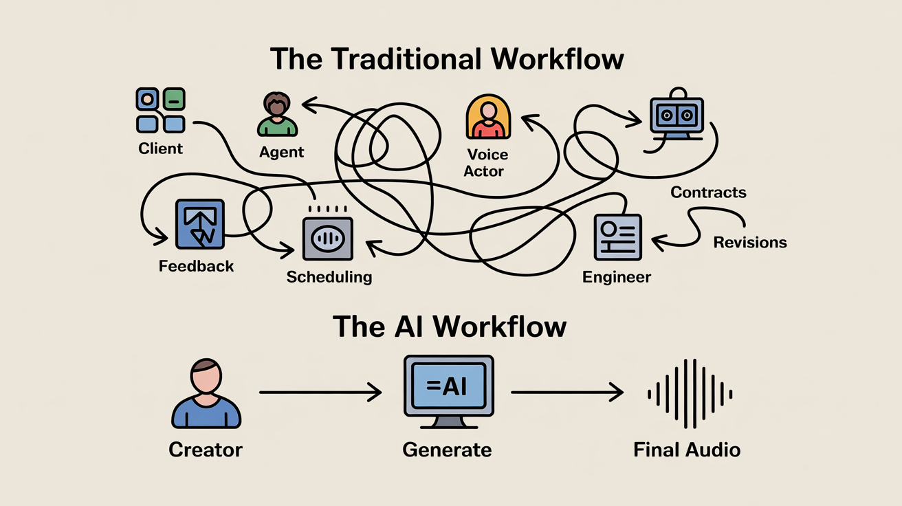 Flowchart comparing the complex, multi-stakeholder traditional voiceover workflow to the simple, linear AI voiceover workflow