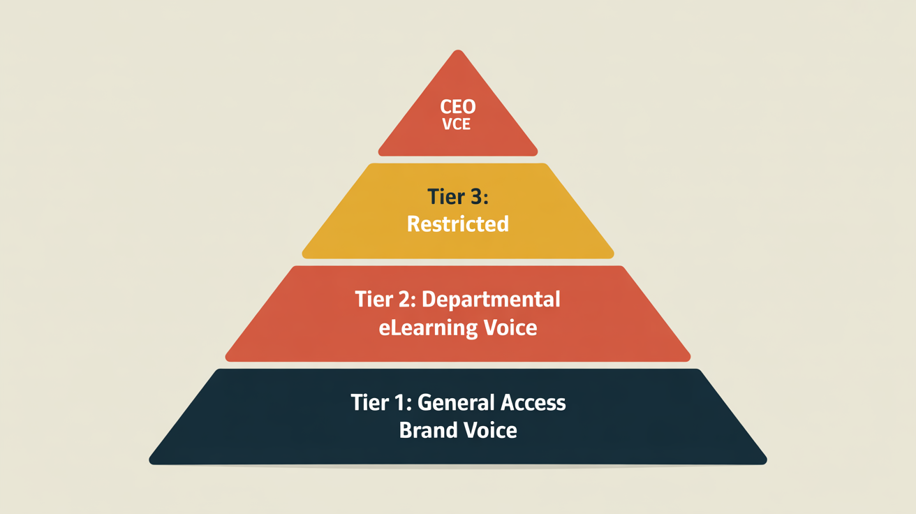 A pyramid infographic illustrating three tiers of voice clone governance, from general access at the base to restricted executive access at the top.