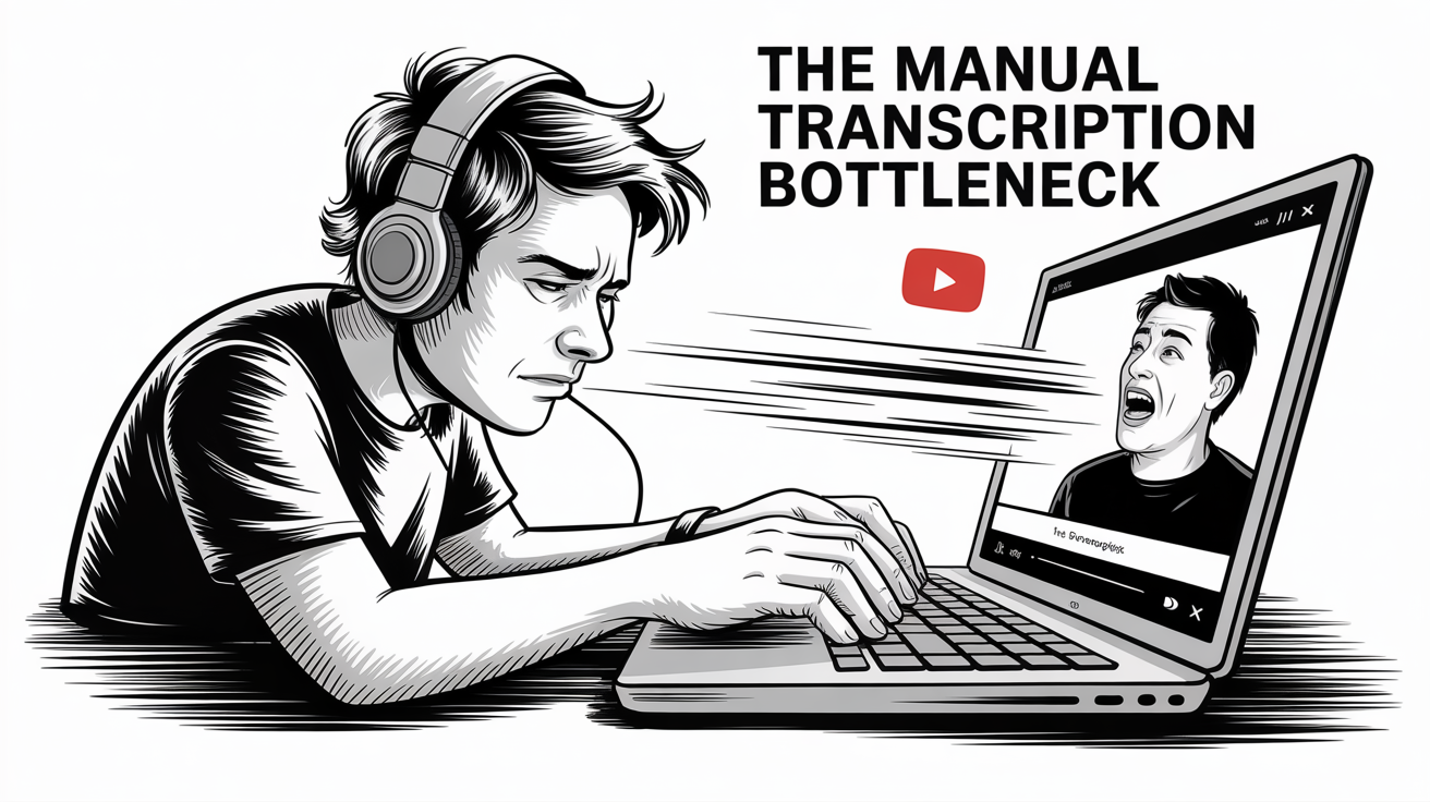 Cartoon illustration of a creator struggling to manually transcribe a fast-talking YouTube video, symbolizing the transcription bottleneck