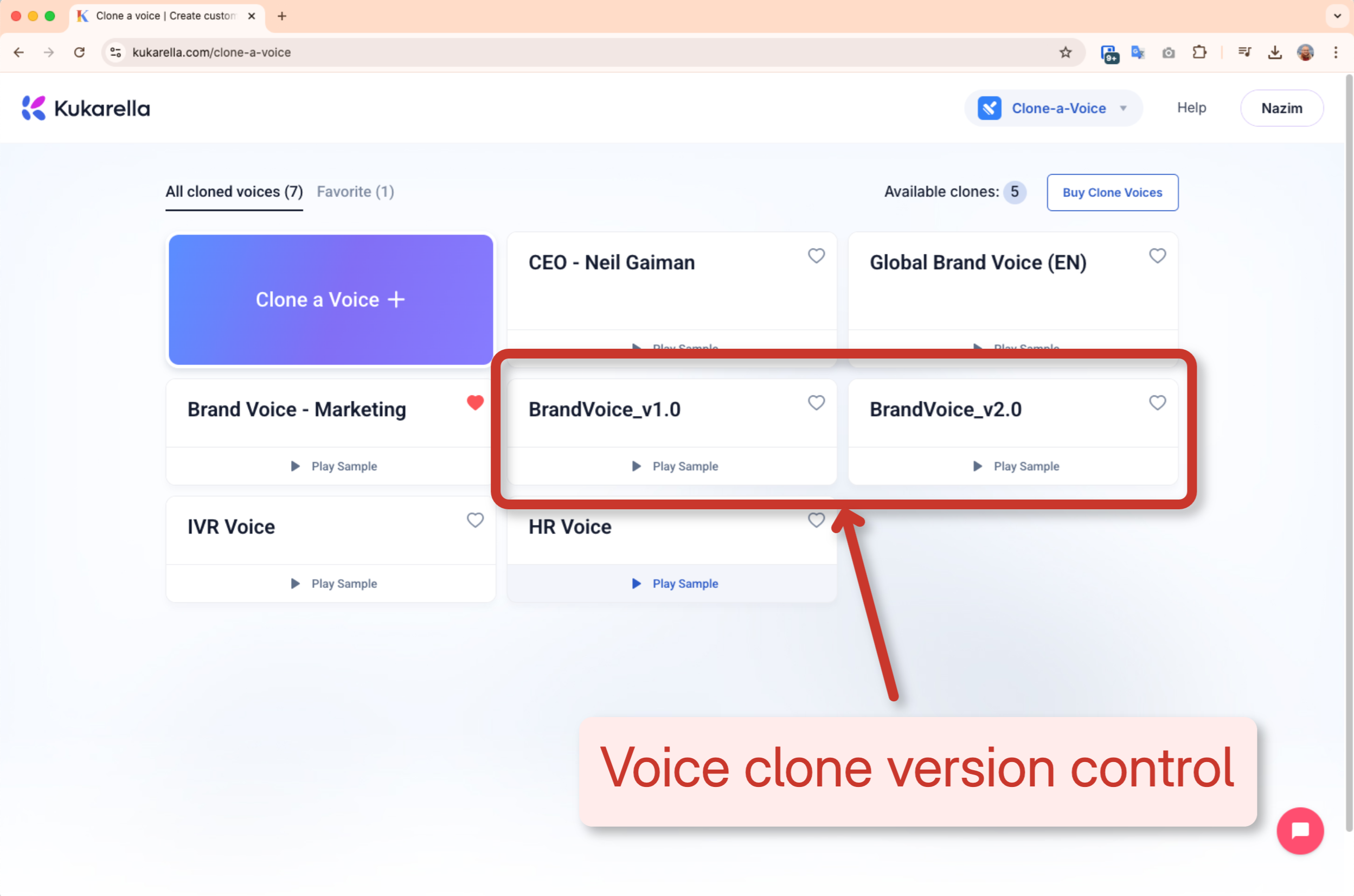 Screenshot illustrating voice clone version control, with "BrandVoice_v1.0" marked for sunset and "BrandVoice_v2.0" marked as current