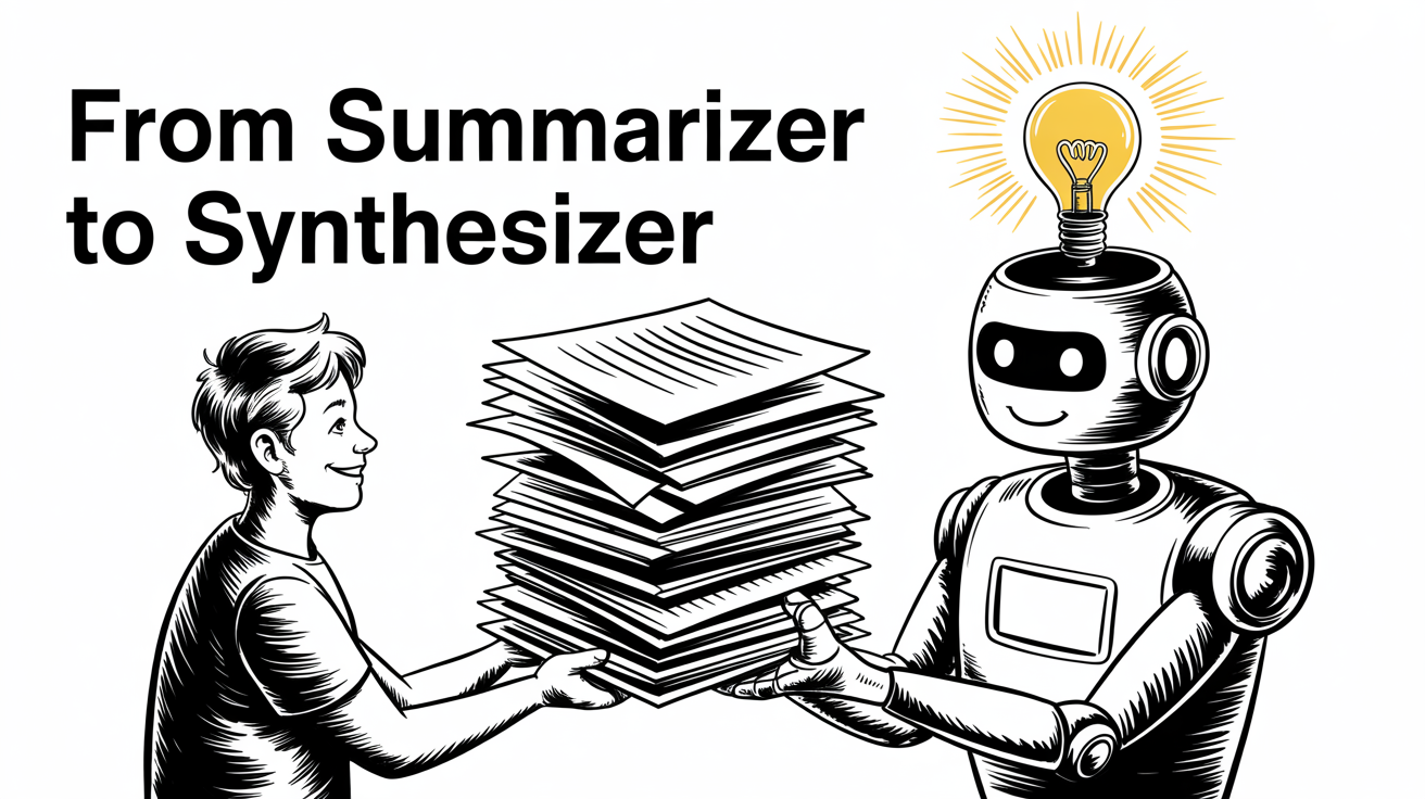 Illustration showing a person giving documents to an AI, which then produces a single key insight, representing its role as a research synthesizer.