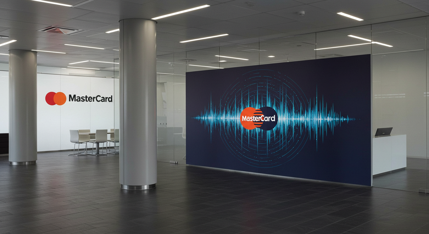 A modern office lobby featuring the Mastercard logo on a screen, with a soundwave graphic symbolizing the company's sonic identity