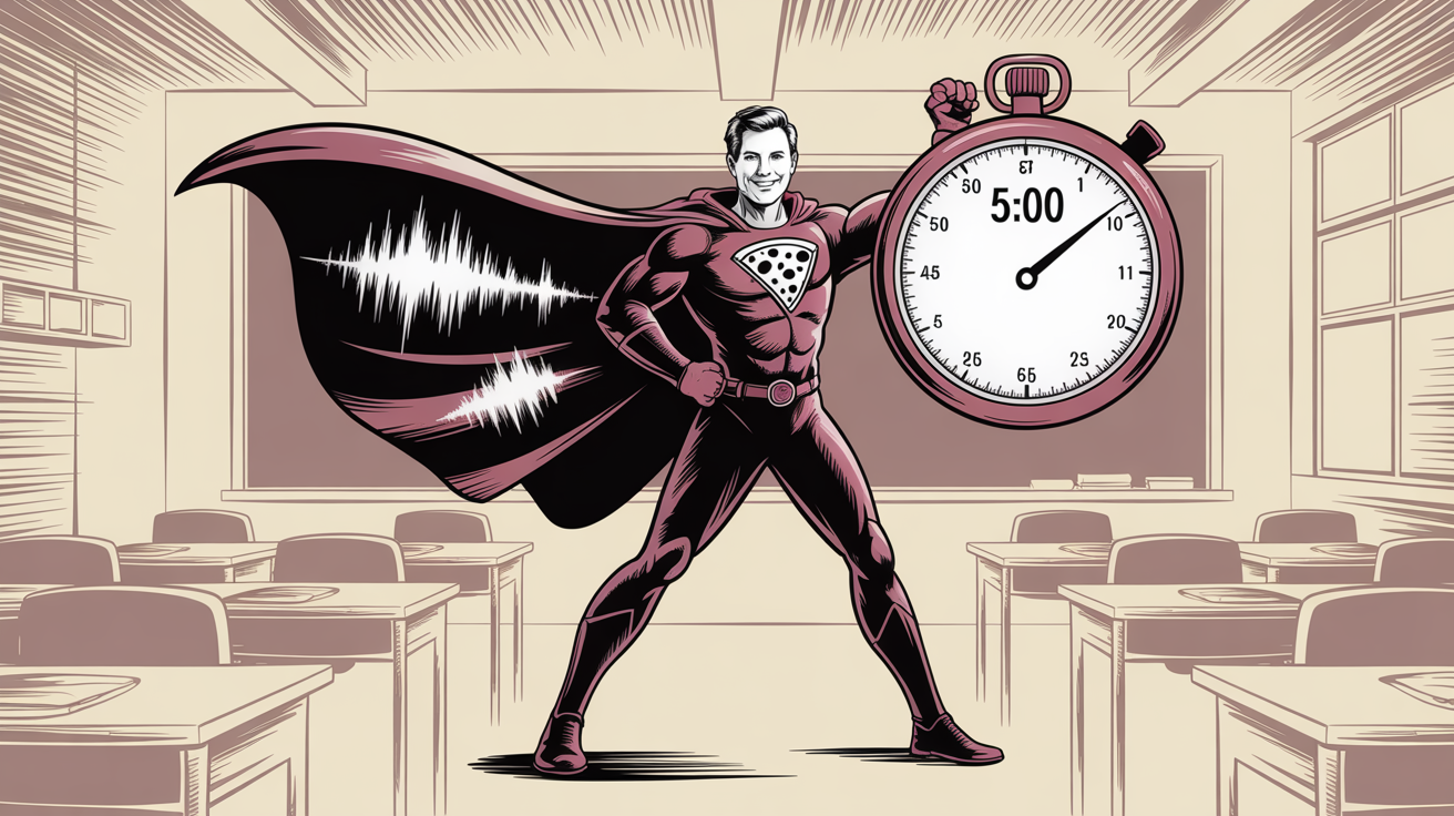 a teacher figure in superhero pose in the center