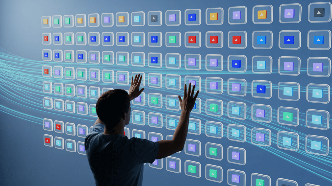 A developer's hands gesture toward dozens of floating, translucent interface modules arranged in a 3D grid formation, each glowing softly with different colored icons representing various AI capabilities like image editing, audio processing, and text analysis. The developer stands in silhouette against this holographic "app store" of AI tools, reaching out to select and connect specific modules that pulse with interconnecting light trails. The scene is bathed in clean blue and white lighting with subtle cyan accents, while gentle particle effects flow between the selected modules, visualizing the seamless integration of new AI capabilities into existing systems.