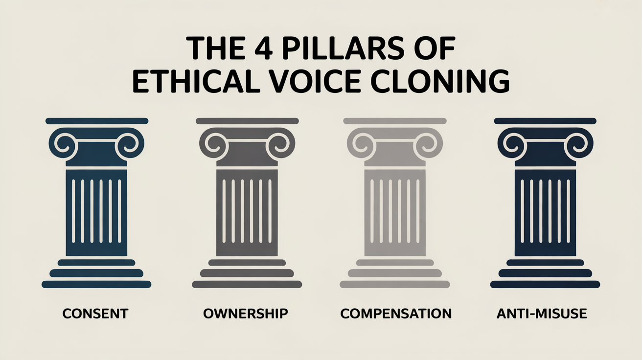 Infographic showing four classical columns labeled "Consent," "Ownership," "Compensation," and "Anti-Misuse," representing the pillars of ethical voice cloning