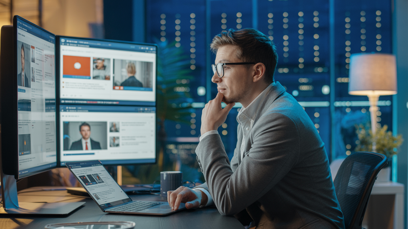 A professional content creator in a modern studio, analyzing information from multiple screens, symbolizing the "curation economy."