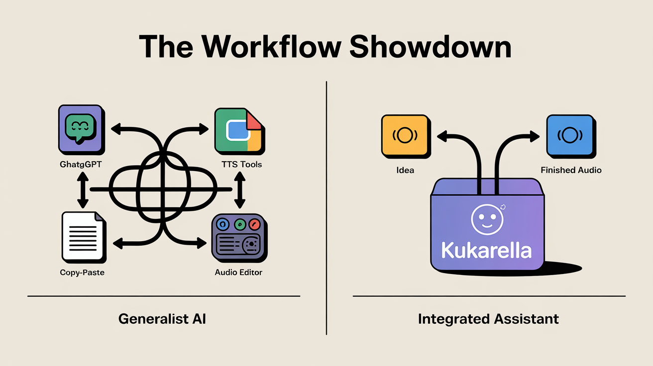 Infographic comparing the messy, multi-tool workflow of generalist AI to the streamlined, single-platform workflow of an integrated assistant like Kukarella
