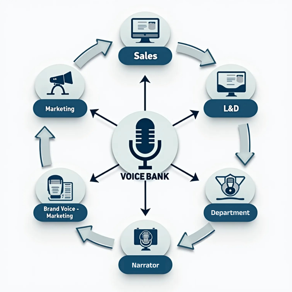 Flowchart demonstrating a central "Voice Bank" securely distributing specific, approved voice assets to Marketing, Sales, and L&D departments.