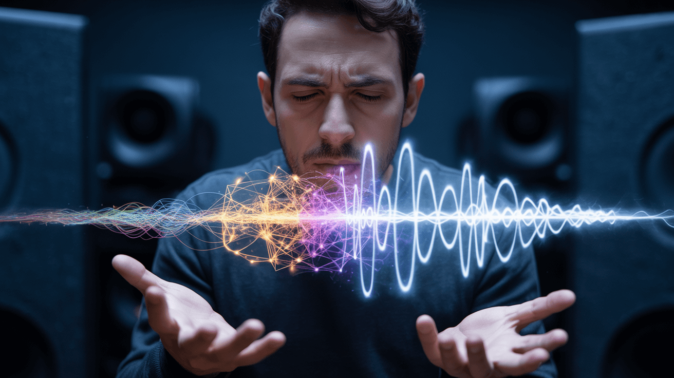A creator in a studio sculpts a three-stage light stream representing a voice AI workflow.